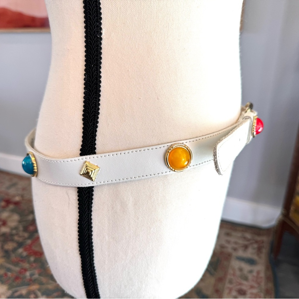 Vintage White Leather Belt with Colorful Accents - Picture 3 of 13
